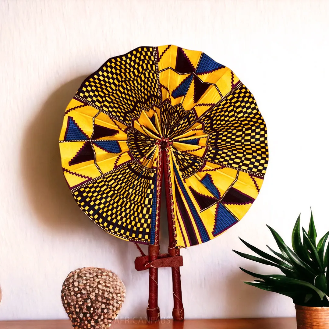 African Hand fan - Ankara print Hand fan - Kwadwo - Yellow kente