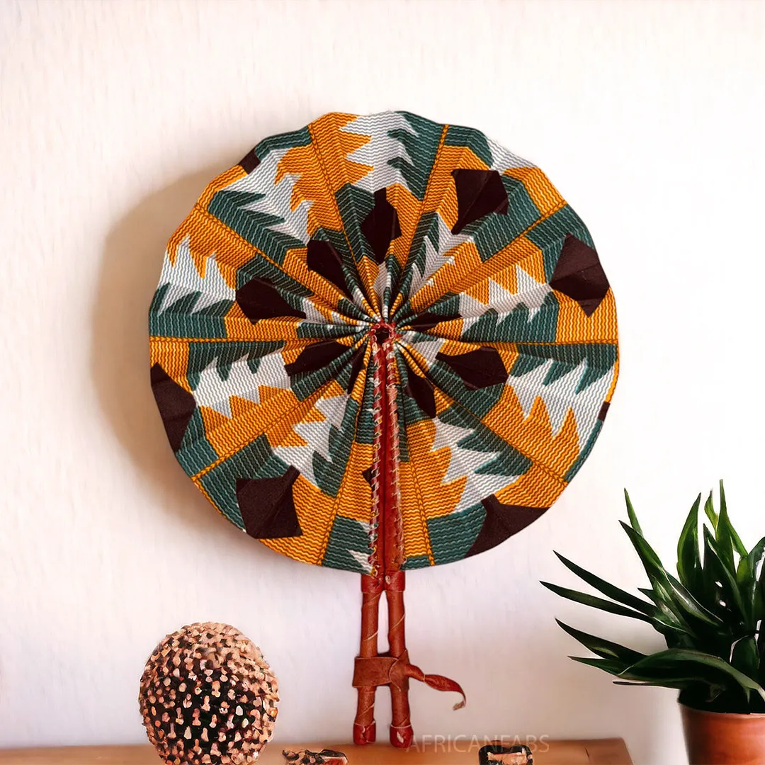 African Hand fan - Ankara print Hand fan - Odeneho - Yellow / green kente