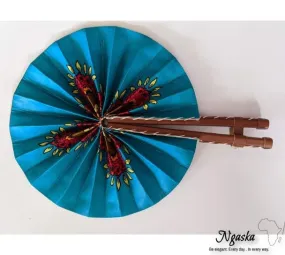 Blue and Brown Flower African Print Fabric Hand Fan FAN-12