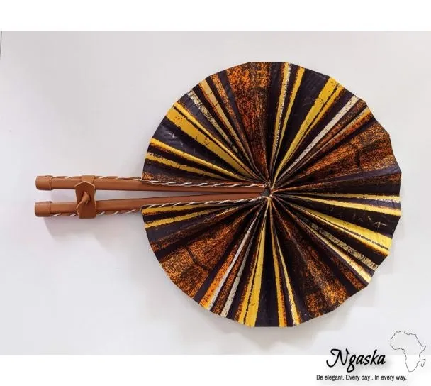 Brown Black Yellow Stripe Ankara Cloth Handheld Fashion Fan FAN-3