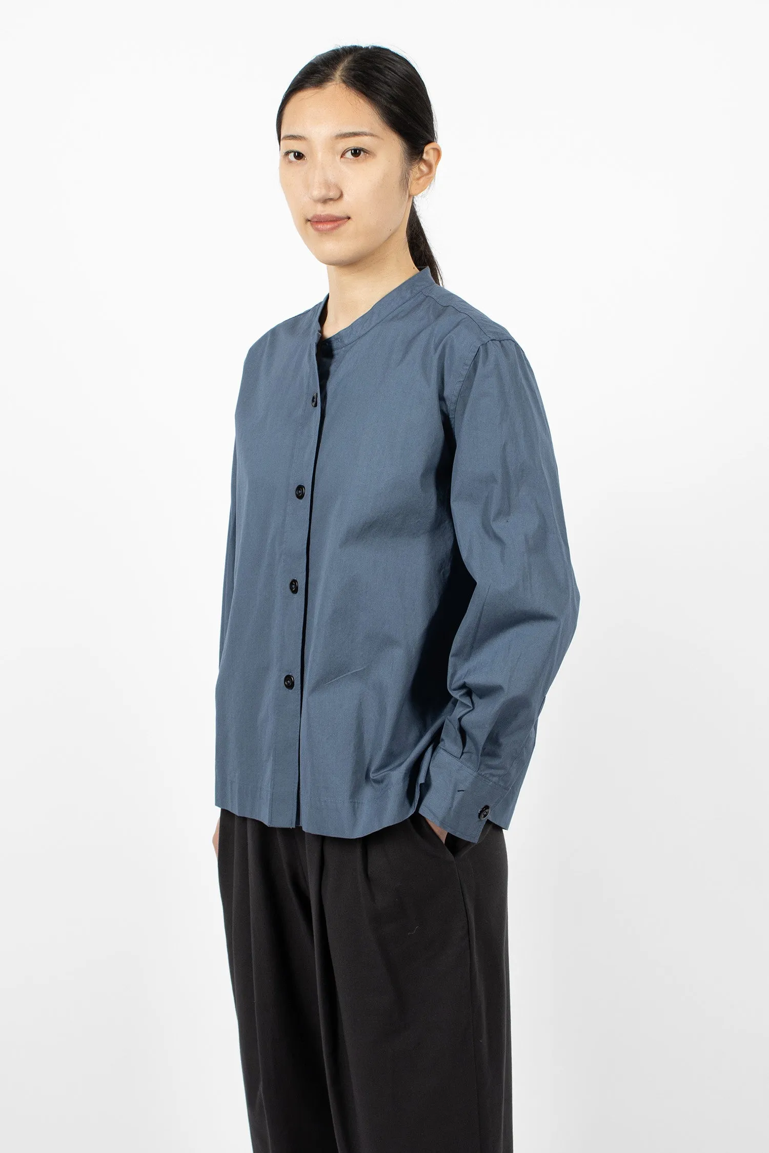 Button Through Collarless Shirt Uniform Blue