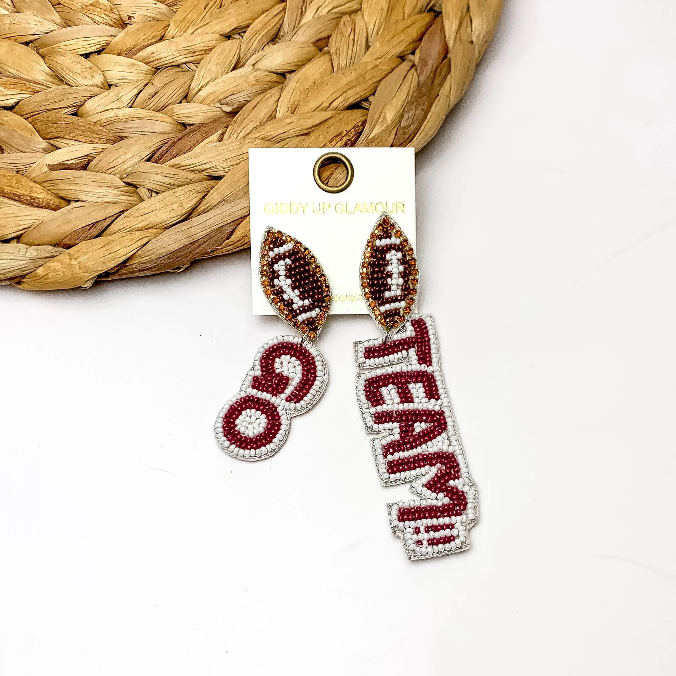 "Go Team!!" Beaded Earrings With Football Posts in Maroon and White